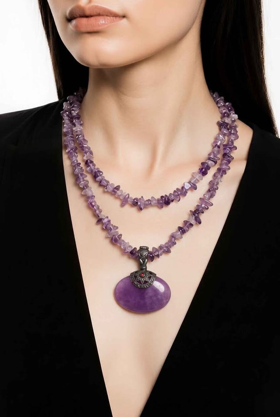 Amethyst Chip Double Strand Necklace with Large Oval Pendant